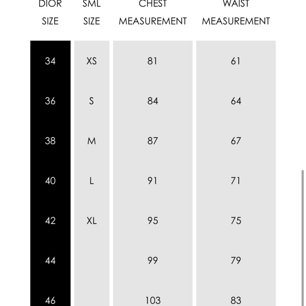 Dior clothing measurements